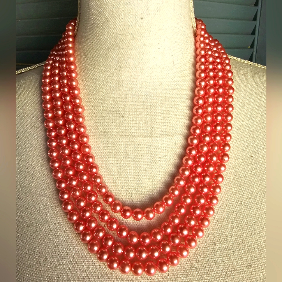 60s Hong Kong Signed Pink Faux Pearl Necklace 4 Strand Adjustable Retro Costume 30$